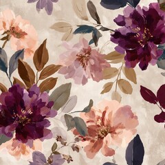 Vintage Watercolor Floral Pattern with Burgundy and Peach Blooms