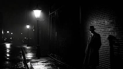 A lone, mysterious figure in a trench coat and hat stands under a dim lamppost on a wet, dark urban street, evoking a classic film noir scene of suspense and solitude - Powered by Adobe