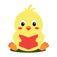 Cute Baby Chick Reading Book, Flat Vector Education Mascot, Isolated on White Background