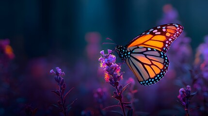 Obraz premium Brightly colored insect rests upon a purple blossom against a dark, moody background