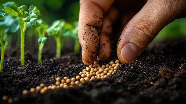 Farmers hand plants seeds in soil during springtime Generative AI