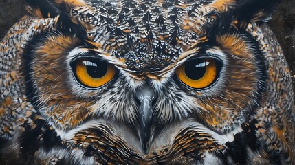 Close-up portrait of an owl with sharp yellow eyes, detailed feathers and intense wildlife gaze in natural light