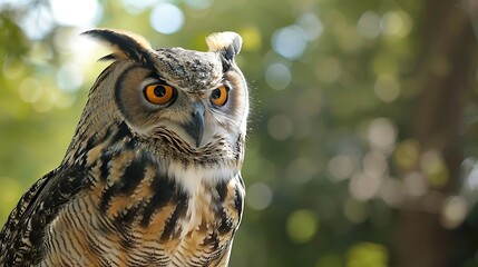 Close-up of majestic owl with bright orange eyes in natural forest light, symbol of wisdom and wildlife