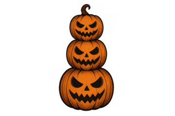 Stacked jack o lantern pumpkins displaying scary faces