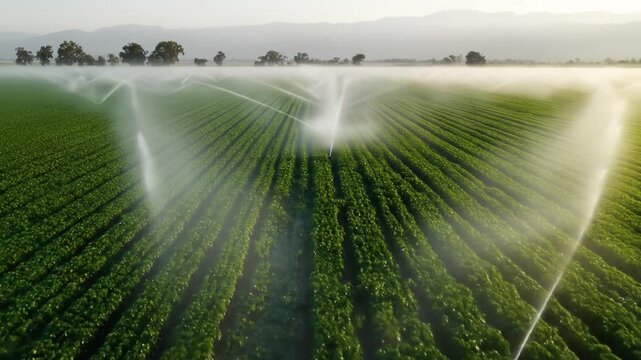 Aerial view of lush green farmland with irrigation systems spraying water across rows of crops under a misty morning sky, showcasing agricultural practices and natural beauty