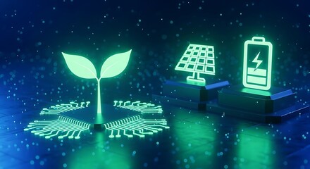 Neon Green Icons of Plant, Solar Panel, and Battery on Digital Circuit Board Background