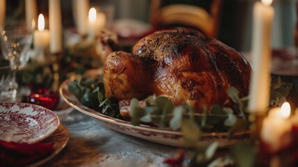 A golden roasted turkey on a decorated Christmas dinner table with burning candle, greenery and festive plate surrounded by family celebration