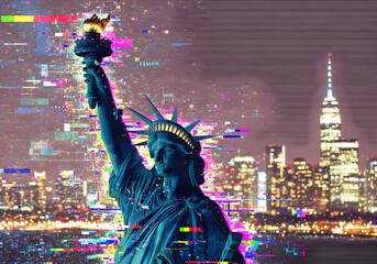 Fototapeta premium The iconic Statue of Liberty against a glitchy, vibrant New York City skyline at night, blending classic Americana with modern digital aesthetics