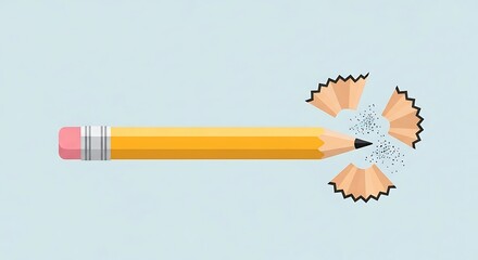 Sharpened yellow pencil with wood shavings on a light blue background