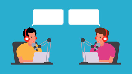 This illustration of two podcasters discussing via microphone and laptop depicts the interactive and collaborative broadcast atmosphere in the digital world.