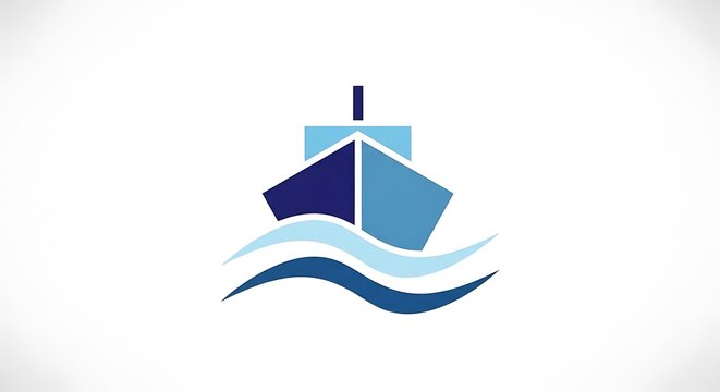 Modern blue ship sailing through stylized ocean waves