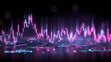 Glowing abstract digital candlestick chart displays financial fluctuations over a dark surface