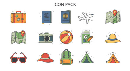 Plan your perfect getaway with this travel icon pack featuring luggage, passport, plane, map, and other essentials for a memorable vacation adventure