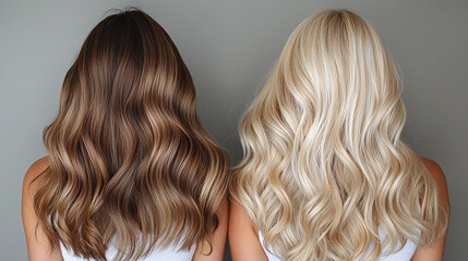 Fototapeta premium Brunette and blonde wavy hair comparison in studio setting Generative AI