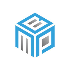 3D cube logo with letter M and P in blue and gray gradient representing packaging, delivery, and structure.