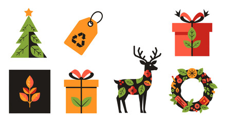 Eco-Friendly Christmas Designs for a Sustainable Holiday Season, Featuring a Tree, Wreath, Deer, and Presents with Greenery Accents for Festive Cheer