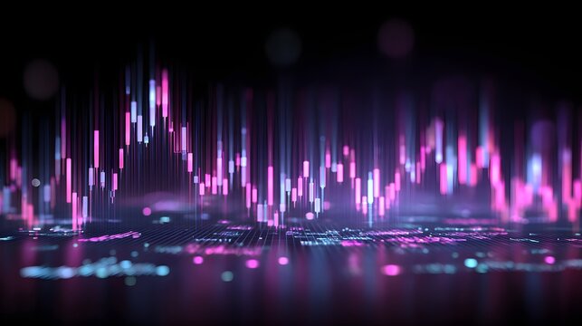 Glowing abstract digital candlestick chart displays financial fluctuations over a dark surface