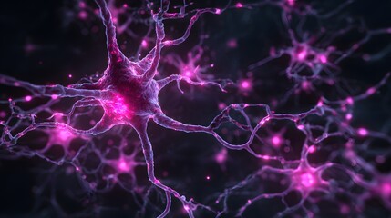 Glowing microscopic network of interconnected biological cells is visualized in deep space