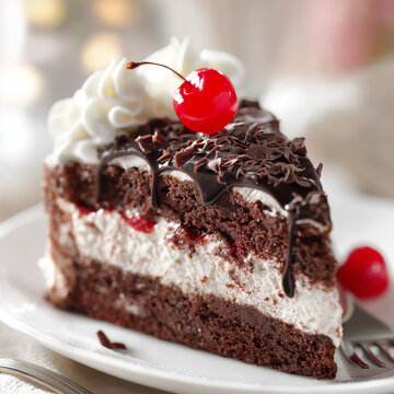 Delicious black forest cake slice with cherry on top close up view