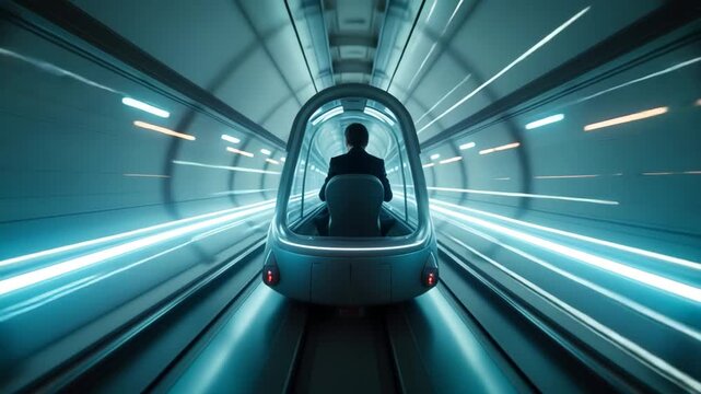 Person in a pod capsule traveling at high speed through a futuristic tunnel with motion blur light streaks