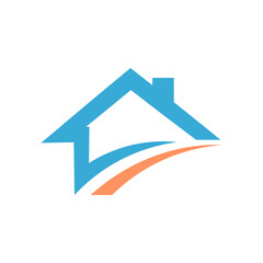 Blue roof and orange curve minimal logo representing housing, property, and real estate development brand.