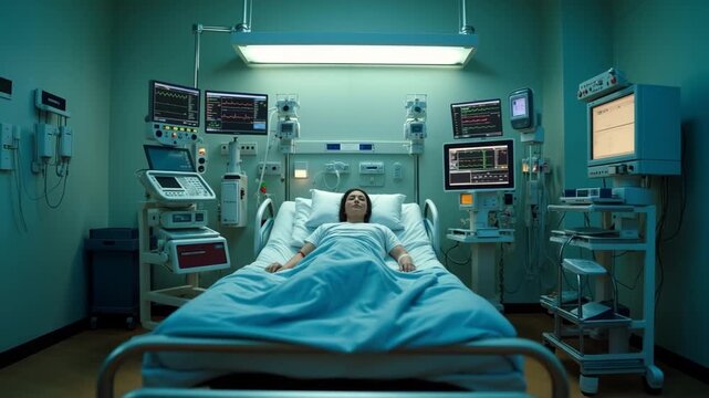 Wide shot of a female patient lying in a hospital bed in an intensive care unit surrounded by monitors and medical equipment