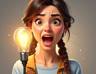 A cartoon woman's surprised face, mouth open, with a bright glowing lightbulb