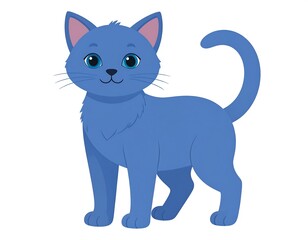 Fototapeta premium A cheerful cartoon depiction of a light-blue feline with large eyes and a curled tail, standing