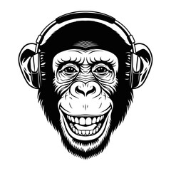 Grinning Monkey with Headphones - A Detailed Black and White Illustration.