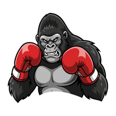 Intense Gorilla Boxer Ready to Fight with Red Boxing Gloves.
