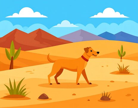 A cheerful cartoon dog strolls across a desert landscape under a blue sky - Powered by Adobe