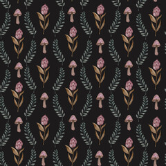 A seamless pattern of hand-drawn magical elements: crystals, mushrooms, flowers, an owl, flasks, butterflies, and forest magical plants. The set is hand-painted in watercolor.