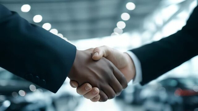 Handshake between car dealership person and customer in showroom, symbolizing agreement, trust and successful automobile purchase for car sales, dealership and automotive business concepts. Video