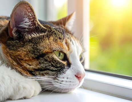 A close-up shot of a calico cat gazing out of a sunlit window, showcasing a tranquil scene