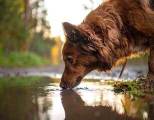 A brown dog drinks from a puddle in a sunlit forest. Bokeh background