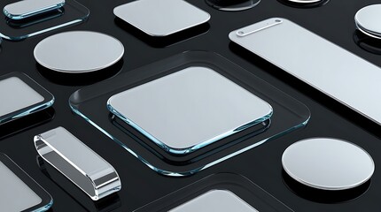 Modern ui elements with translucent glass and liquid effects in a sleek aesthetic