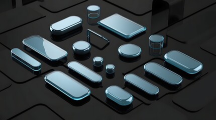 Modern ui elements with translucent glass and liquid effects on dark surface