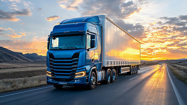 Trucking on a highway during sunset hours Generative AI