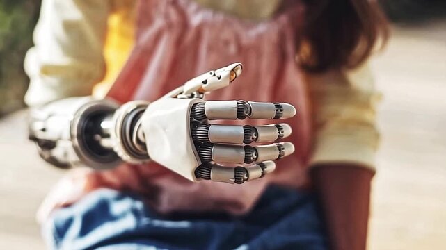 Girl with one real hand and one prosthesis, close-up of hands. Focus on hands of girl with disability. Two hands of woman with bionic hand, artificial limb prosthesis. Loss of limb by a person