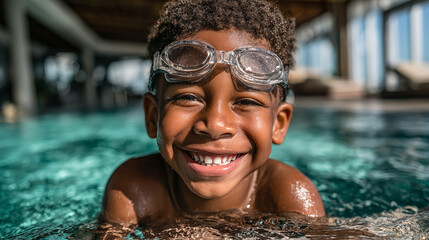 Portrait of smiling african american boy with goggles in swimming pool