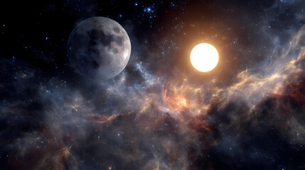 Obraz premium A cosmic view showing the moon and sun in the galaxy. Celestial bodies are surrounded by nebulae
