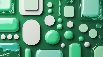 Abstract green ui elements with translucent glass and liquid effects on textured background