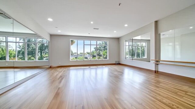 Spacious Dance Studio With Natural Light And Mirrored Walls And Wooden Floor