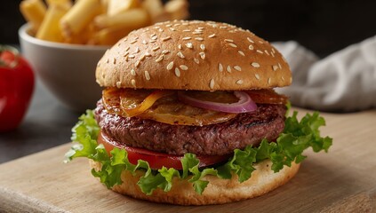 A Delicious Culinary Creation. A Burger with Golden Fries and Fresh Tomato.