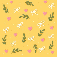 Floral Pattern with Hearts and Bows on Yellow