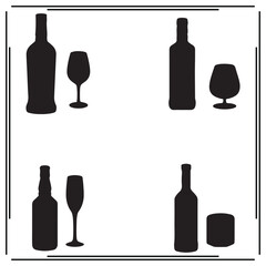Bottle and Glass Silhouettes - Set of Four Black and White Drink Icons, Including Wine Glass, Cocktail Glass, Whiskey Bottle, and Beer Bottle Illustrations