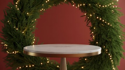 Elegant Christmas product display podium with marble top and festive wreath backdrop for holiday promotions