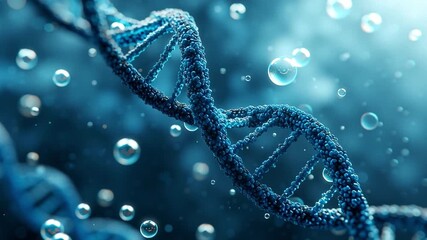 This visual showcases a detailed view of DNA strands in a blue haze, surrounded by small bubbles. The scene highlights the complexity of genetic material under a digital lens. - Powered by Adobe