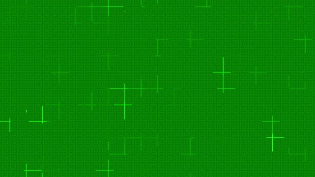 Swirly light animation enhances the green patterned background with sparsely distributed plus signs creating movement.
