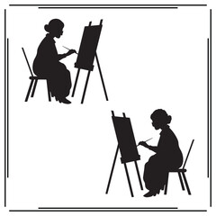 Artist Silhouette - Black and White Illustration of Woman Painting on Easel, Creative Painting Process, Minimalist Art and Artist Icons for Artwork and Studio Design
